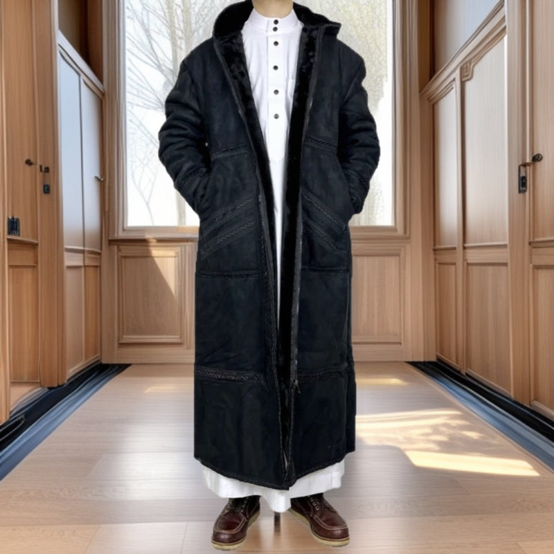 Mens Suede-Like Robe With Hood And Pockets For Warmth In Winter