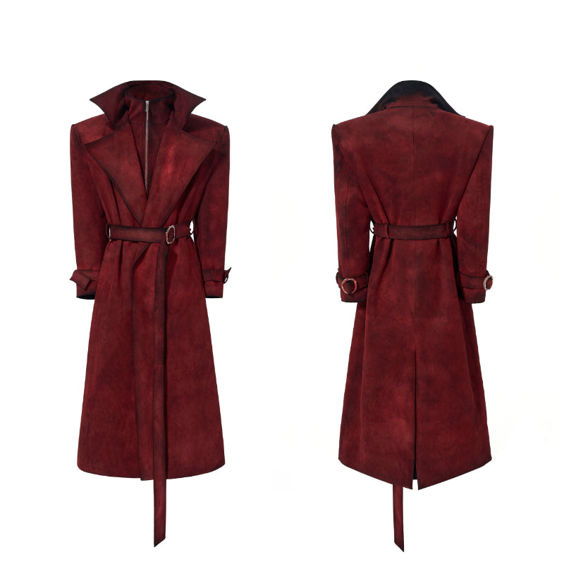 Mens Red Faux Two-Piece Suede-Look Padded Thicker Long-Style Wool Trench Coat