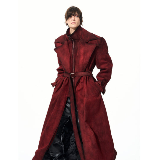 Mens Red Faux Two-Piece Suede-Look Padded Thicker Long-Style Wool Trench Coat