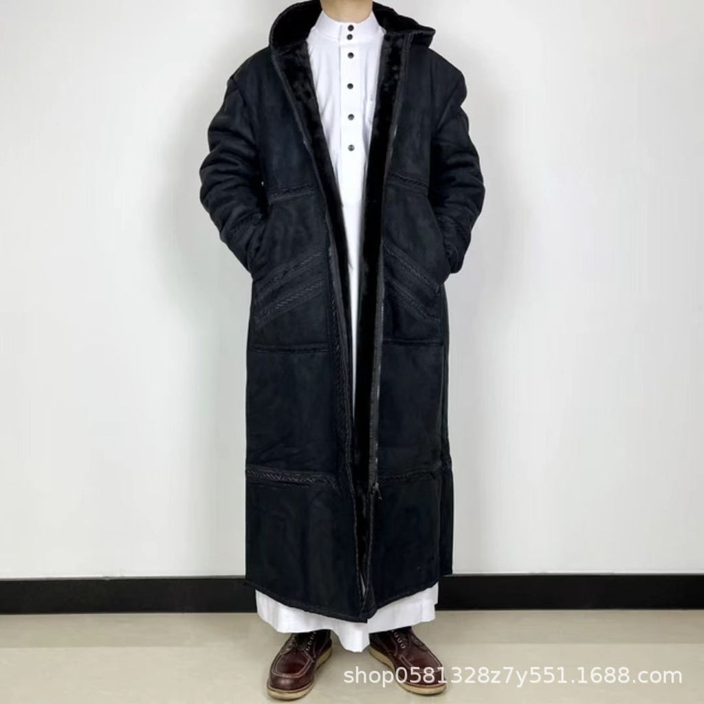 Mens Suede-Like Robe With Hood And Pockets For Warmth In Winter