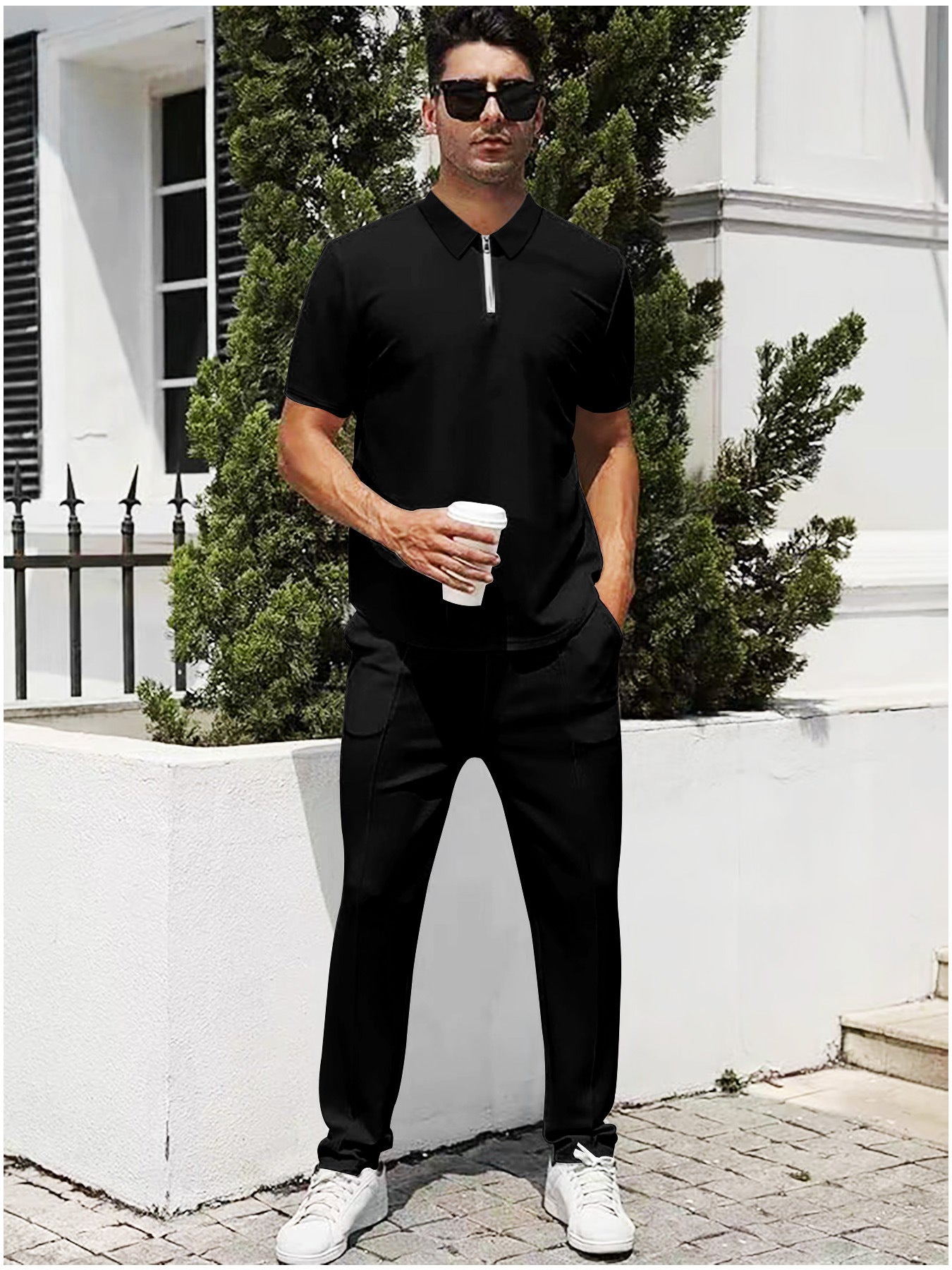 Summer Lightweight Zip Front Pants And Short Sleeve Top Set