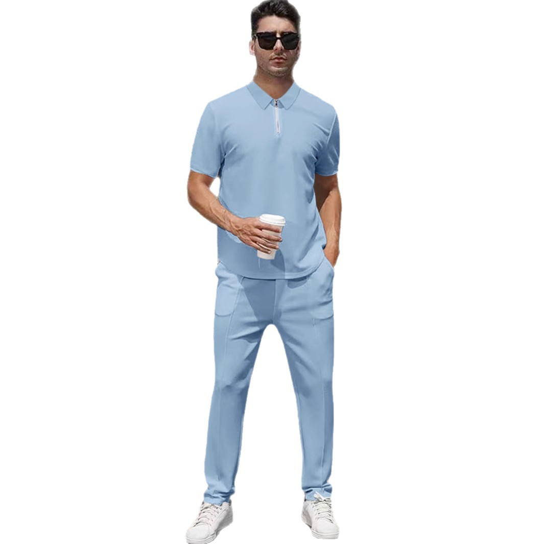 Summer Lightweight Zip Front Pants And Short Sleeve Top Set