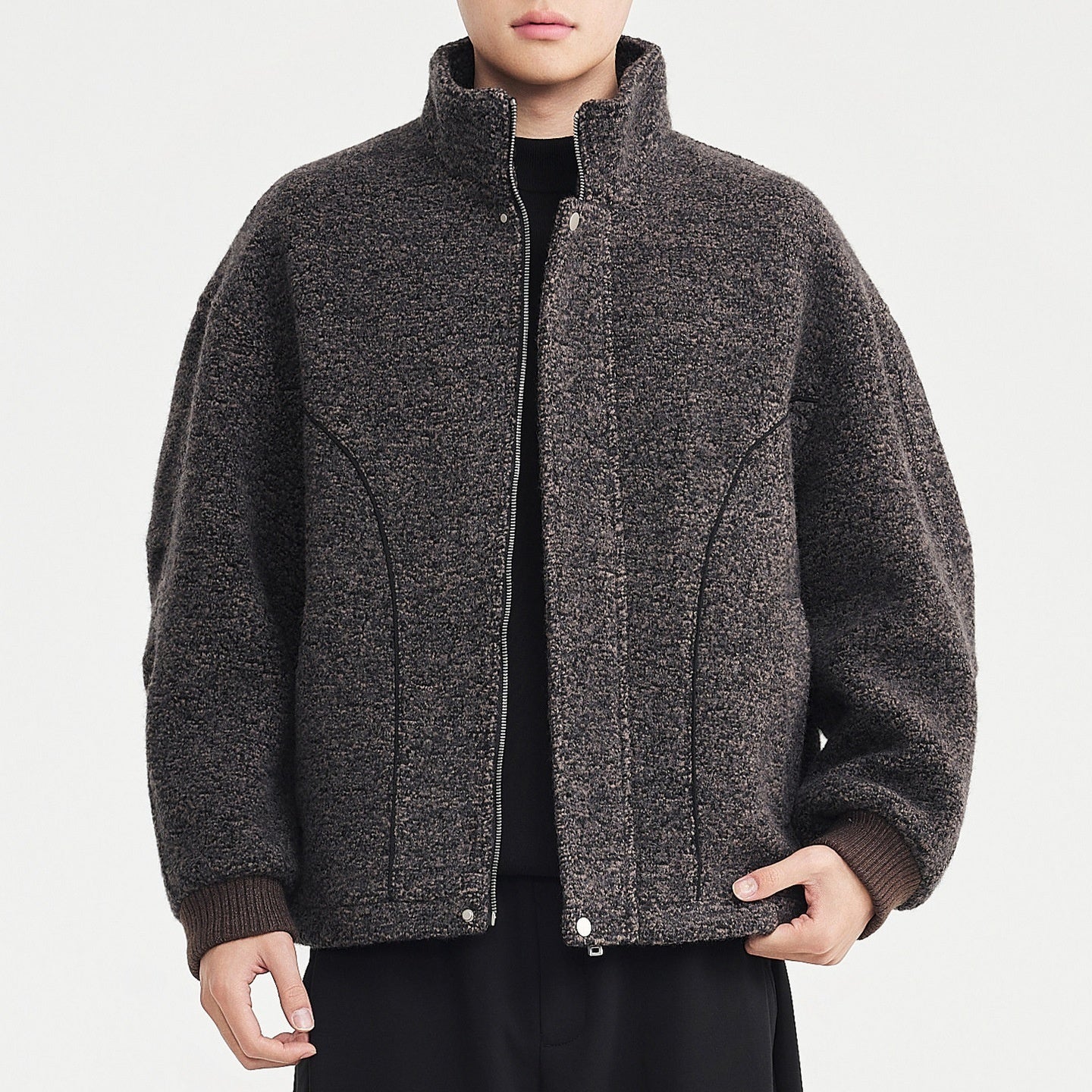Mens Mixed-Color Wool Circle-Weave Overcoat With A Stand-Up Collar