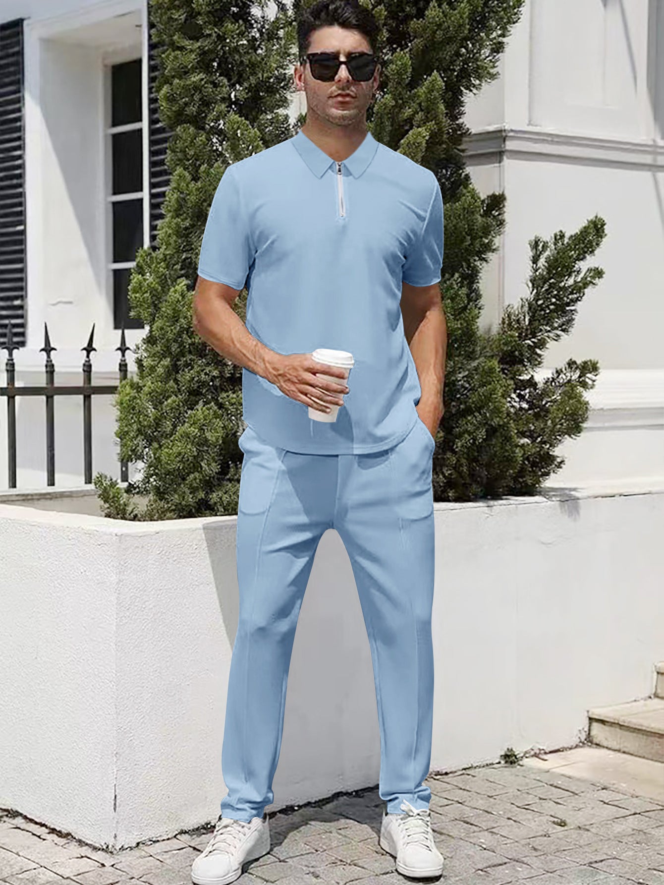 Summer Lightweight Zip Front Pants And Short Sleeve Top Set