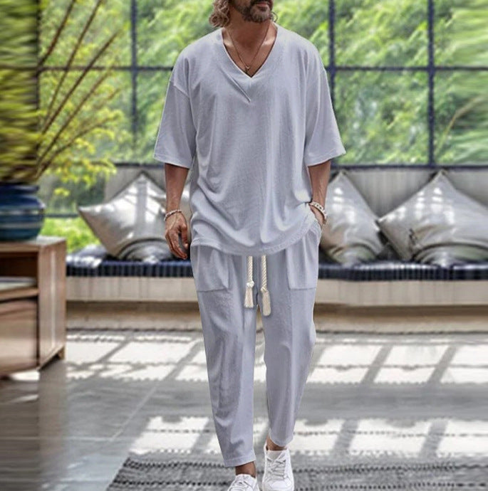 Solid Color V-Neck Pullover Short-Sleeve Drawstring Pocket Design Ankle-Tightening Pants Set