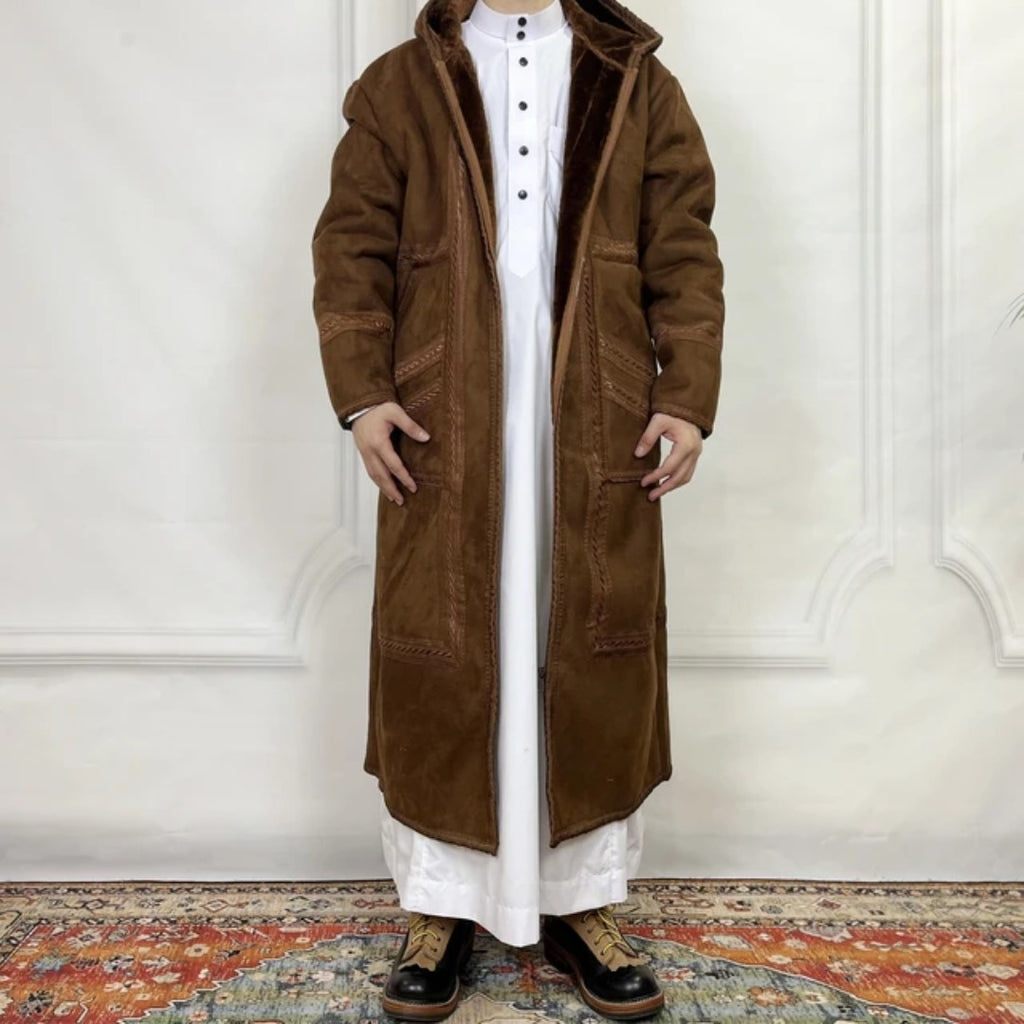 Mens Suede-Like Robe With Hood And Pockets For Warmth In Winter