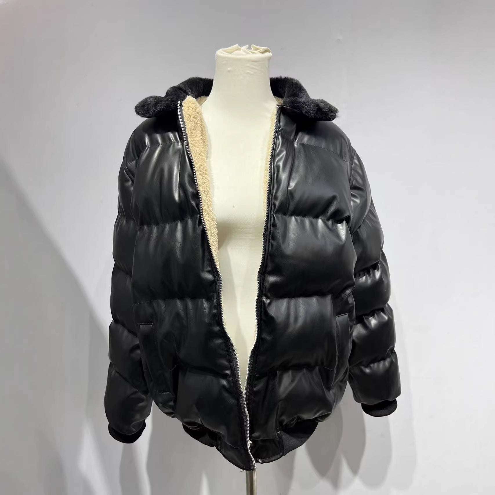Motorcycle Leather Jacket With A Sheepskin Lapel