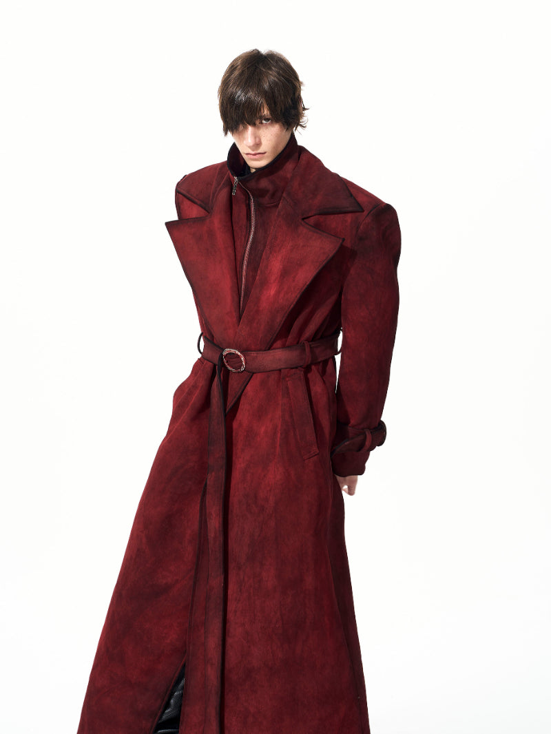 Mens Red Faux Two-Piece Suede-Look Padded Thicker Long-Style Wool Trench Coat
