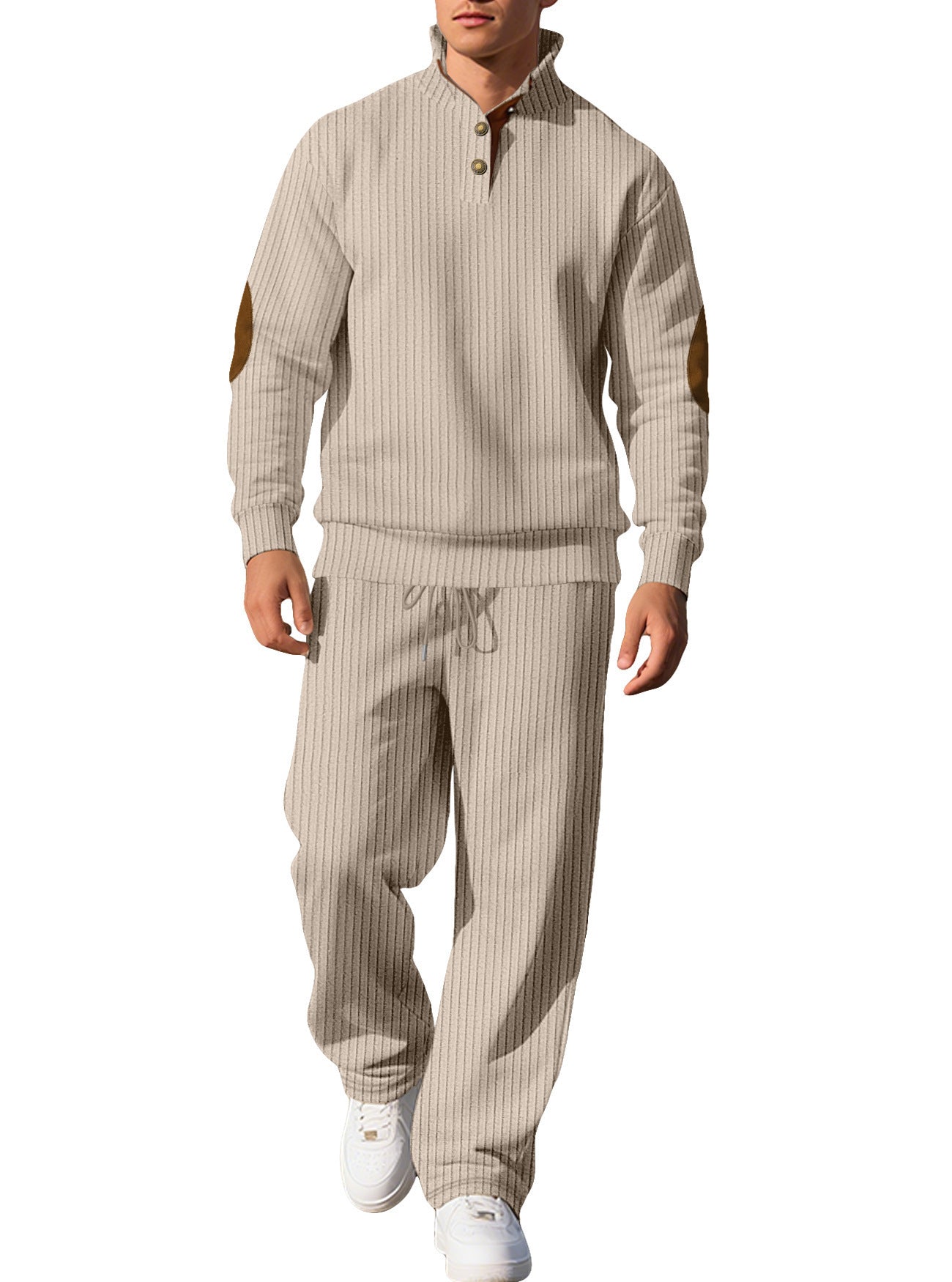 Mens Casual Trousers And Stand-collar Versatile Jacquard Ribbed Knit Top Autumn Outfit Set