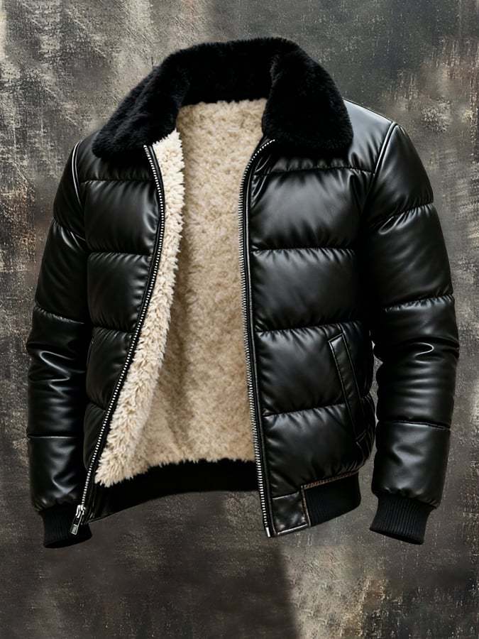 Motorcycle Leather Jacket With A Sheepskin Lapel