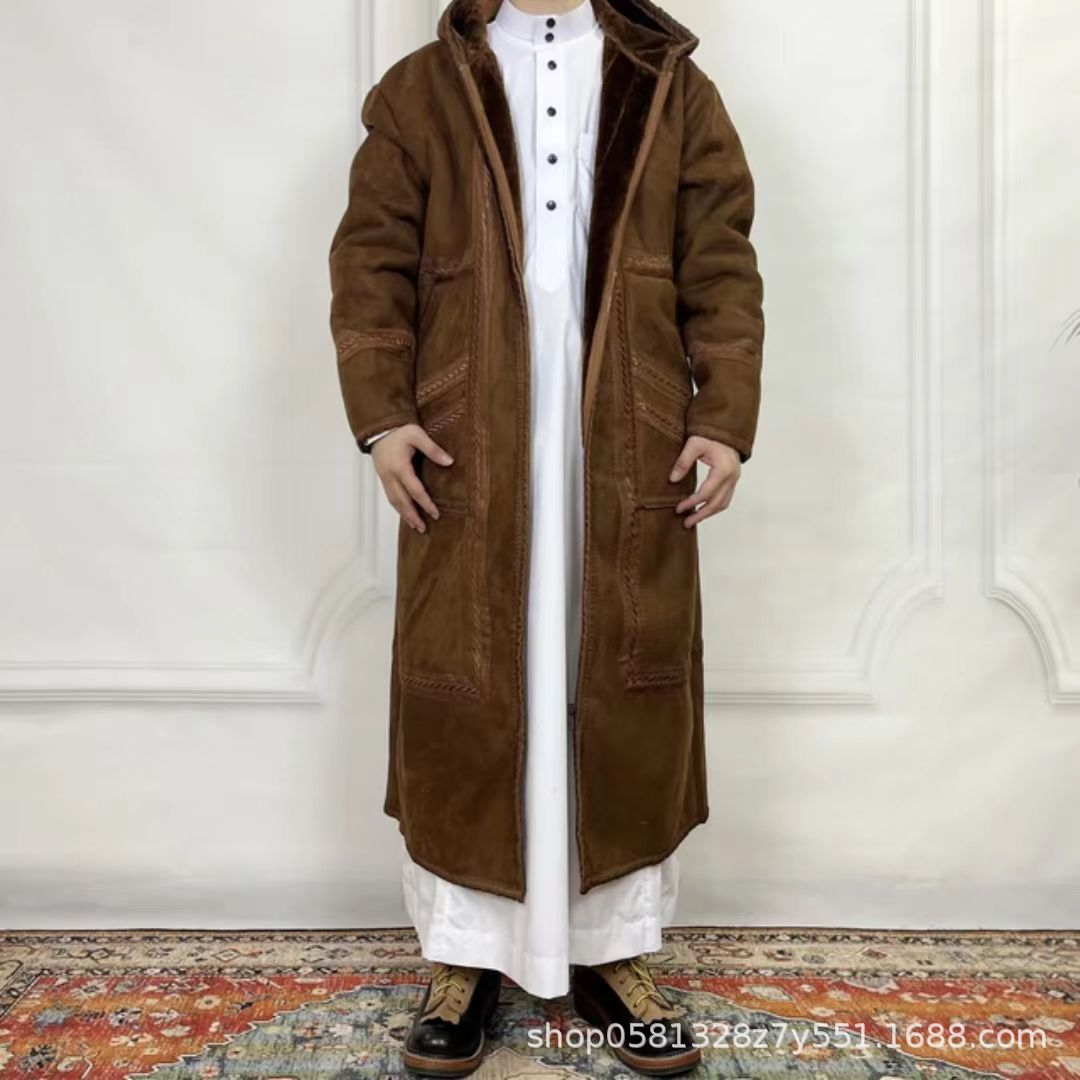 Mens Suede-Like Robe With Hood And Pockets For Warmth In Winter