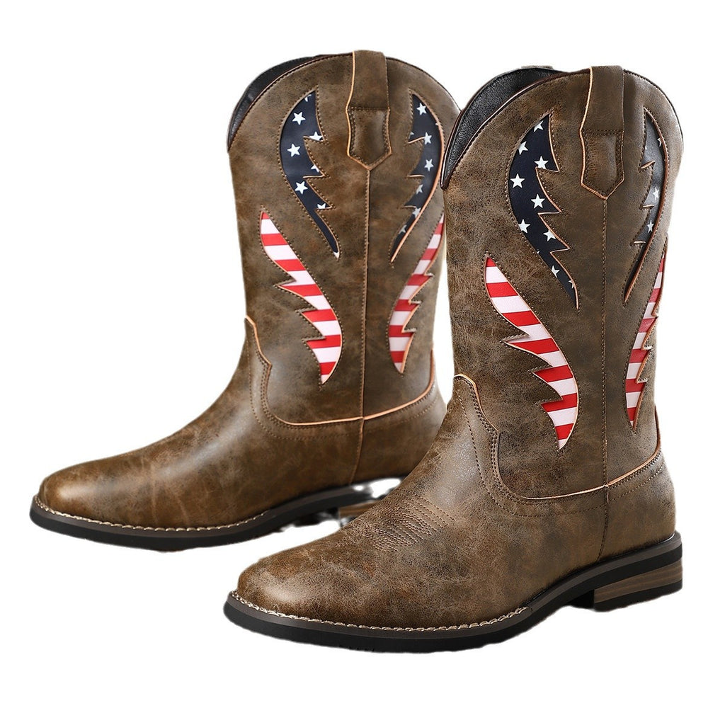 New European And American Thick-heel Leather Patchwork Men's Leather Boots