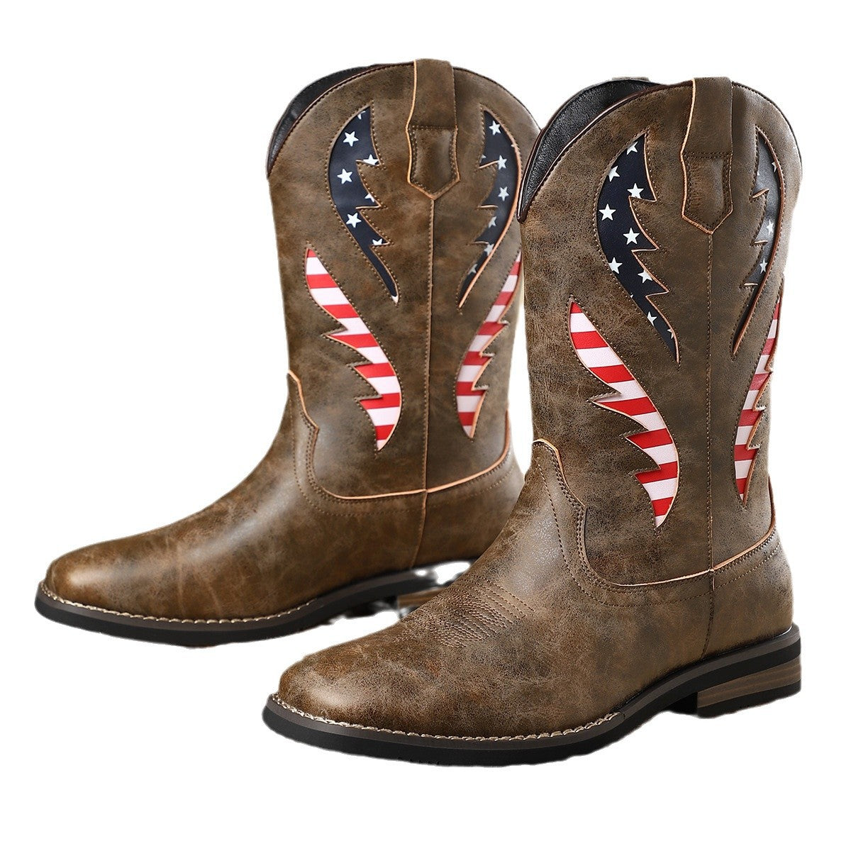 New European And American Thick-heel Leather Patchwork Men's Leather Boots