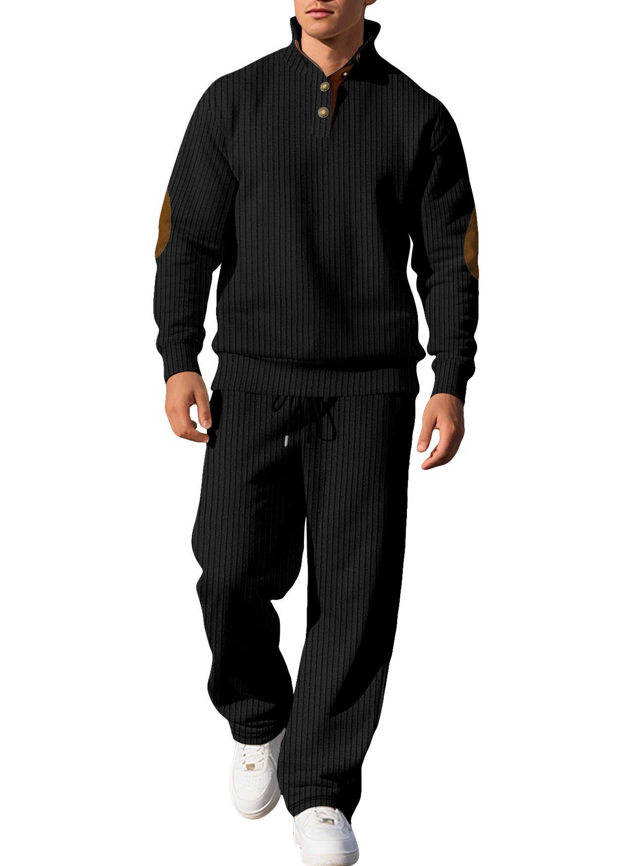 Mens Casual Trousers And Stand-collar Versatile Jacquard Ribbed Knit Top Autumn Outfit Set