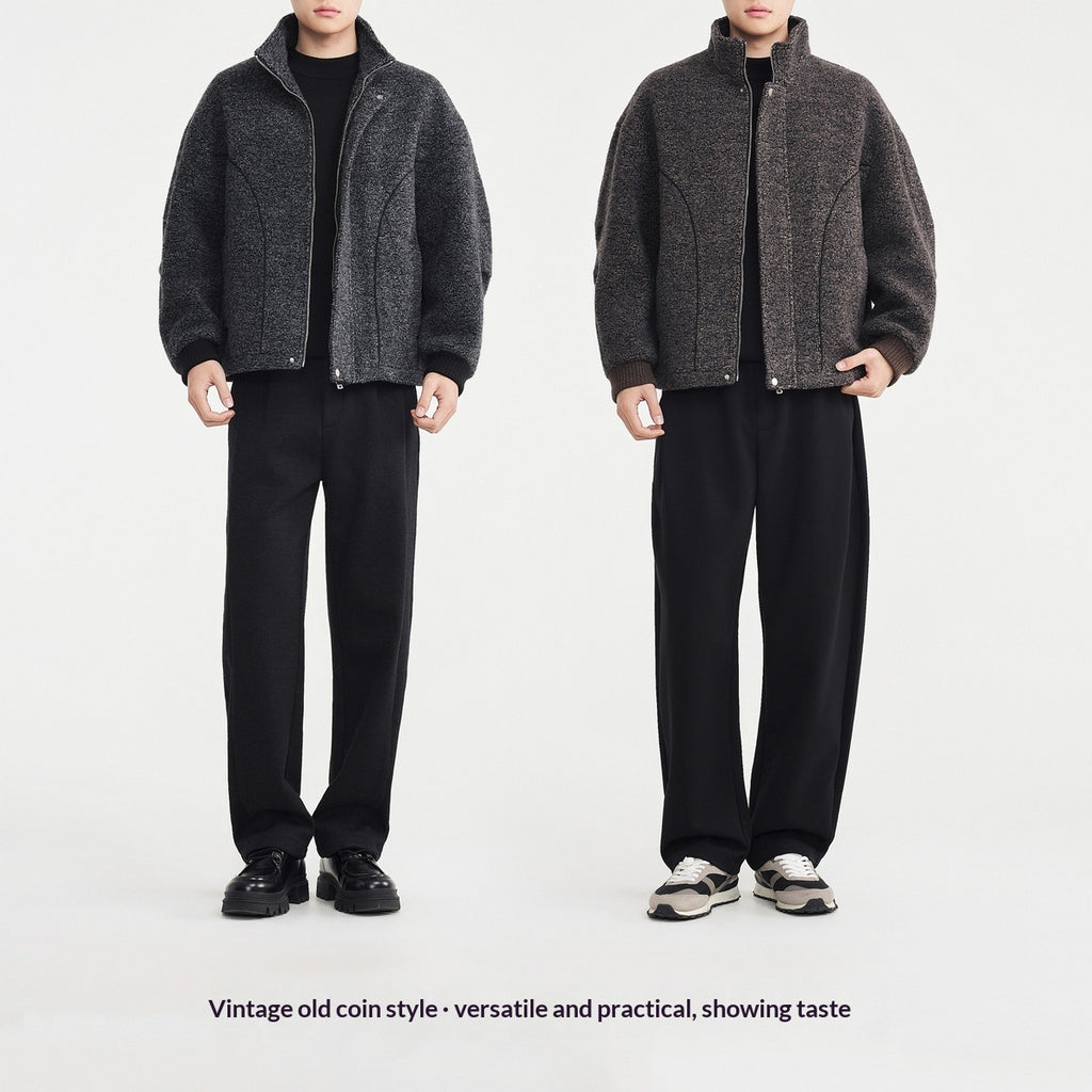 Mens Mixed-Color Wool Circle-Weave Overcoat With A Stand-Up Collar