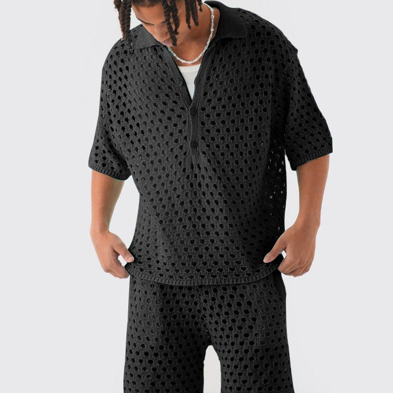 Arrival Buttoned Polo-Neck Knit Top And Shorts Set