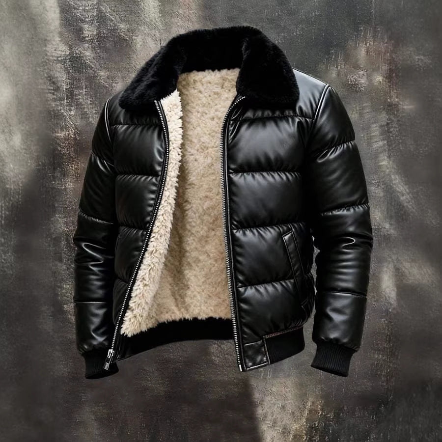Motorcycle Leather Jacket With A Sheepskin Lapel