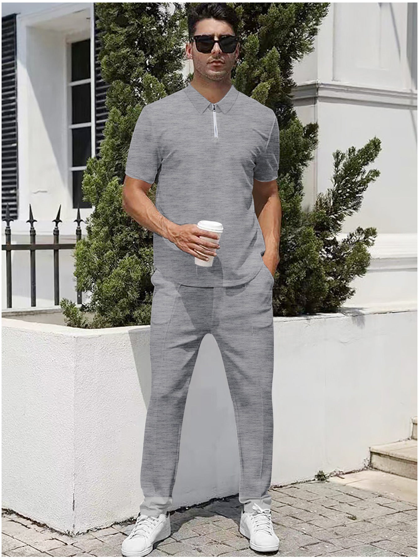 Summer Lightweight Zip Front Pants And Short Sleeve Top Set