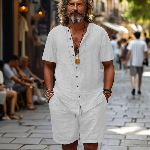 Cotton-linen Short-sleeve Shirt And Loose-fitting Shorts Two-piece Set