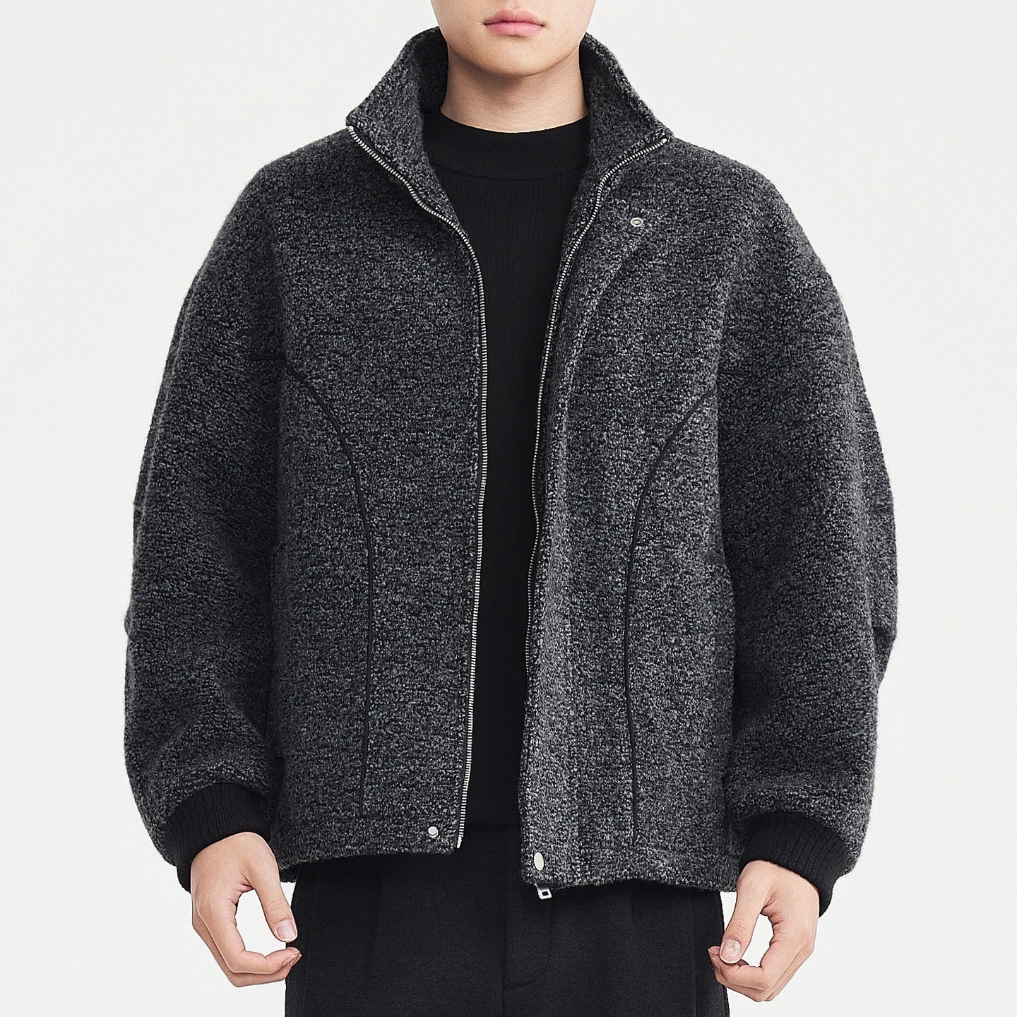 Mens Mixed-Color Wool Circle-Weave Overcoat With A Stand-Up Collar