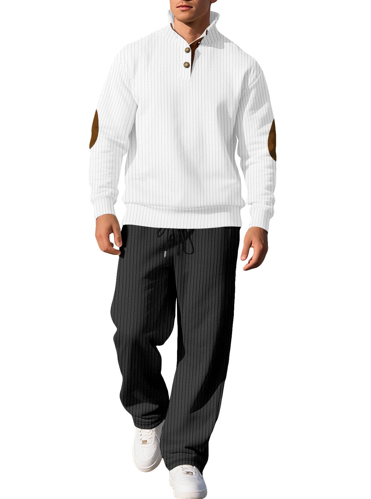 Mens Casual Trousers And Stand-collar Versatile Jacquard Ribbed Knit Top Autumn Outfit Set