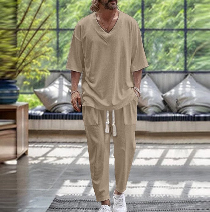 Solid Color V-Neck Pullover Short-Sleeve Drawstring Pocket Design Ankle-Tightening Pants Set